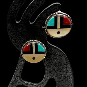 Zuni Sterling Silver Turquoise Multi Stone Inlay Sunface Clip On Earrings
